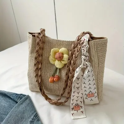Straw Flower Large Capacity Tote Bag for Women 